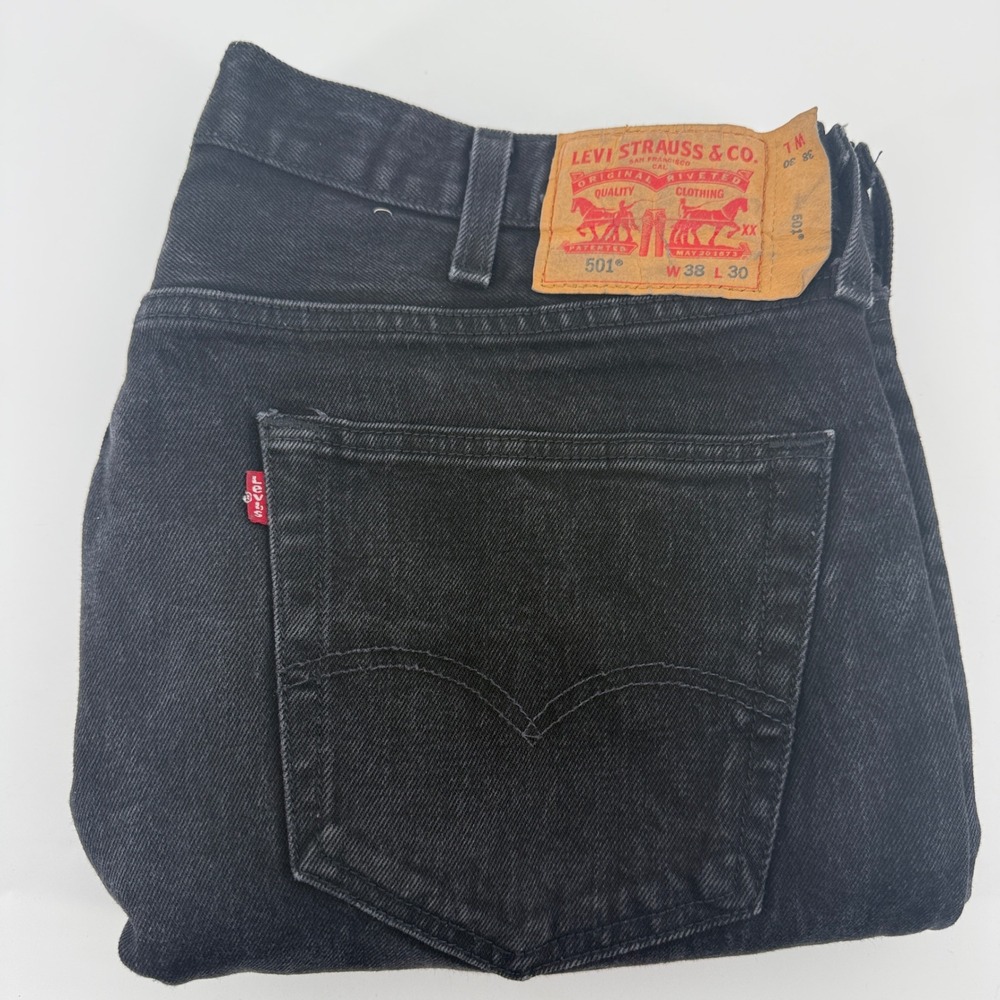 Levis 501 Original Fit Mens Black Jeans 38x30 Faded Denim Button Fly 00501-2442